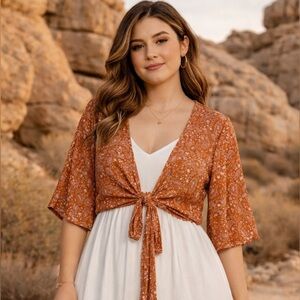 Papaya Rust White Stars Paisley Tie Front Bolero Shrug Wide Sleeves Size Small